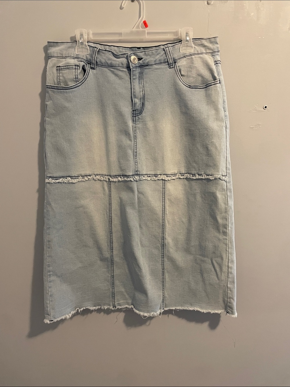 Light Blue Denim Midi Skirt with Raw Hem